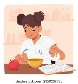 Focused Schoolgirl Character Engrossed In Reading While Eating her Lunch, Exemplifying Multitasking And Dedication To Both Education And Nourishment. Cartoon People Vector Illustration