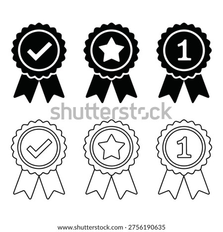 A focused set of six distinct award badges and rosettes with ribbons, featuring checkmarks, stars, and number one symbols in various styles.