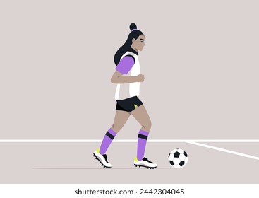 A focused soccer player in colorful uniform controls the ball at their feet on the field