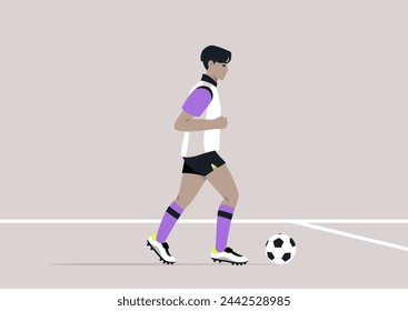 A focused soccer player in colorful uniform controls the ball at their feet on the field