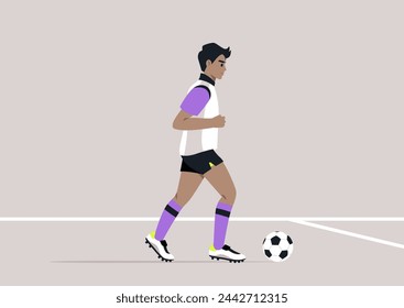 A focused soccer player in colorful uniform controls the ball at their feet on the field