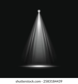 A focused spotlight beam on a dark stage. The spotlight creates a dramatic effect. The spotlight illuminates a circular area, highlighting the stage. Light effect vector.