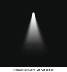 A focused spotlight beam shines on a dark stage. The spotlight creates a dramatic effect. The spotlight beam is bright and centered, illuminating the stage. Light effect black vector.