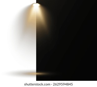 Focused spotlights beam down on center stage area. Studio lights form dramatic shadows and spotlight rings. Concert lighting emits strong radiant lines in motion. Projector elements
