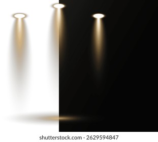 Focused spotlights beam down on center stage area. Studio lights form dramatic shadows and spotlight rings. Concert lighting emits strong radiant lines in motion. Projector elements
