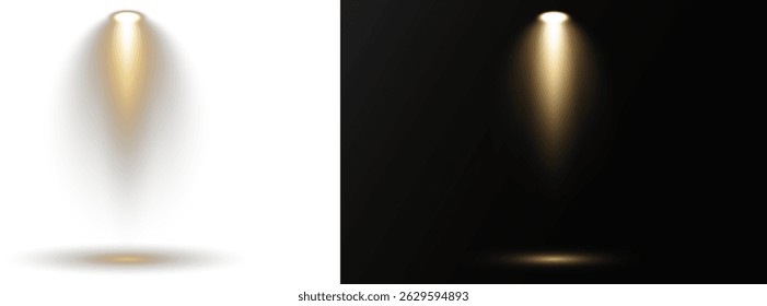 Luzes de spot focadas se projetam na área central do palco. As luzes de estúdio formam sombras dramáticas e anéis de luz de spot. A iluminação de concerto emite fortes linhas radiantes em movimento. Elementos do projetor