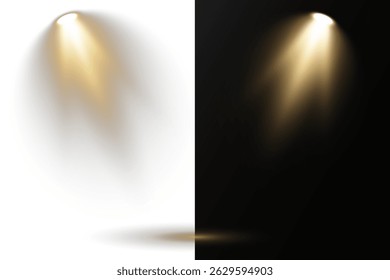 Luzes de spot focadas se projetam na área central do palco. As luzes de estúdio formam sombras dramáticas e anéis de luz de spot. A iluminação de concerto emite fortes linhas radiantes em movimento. Elementos do projetor