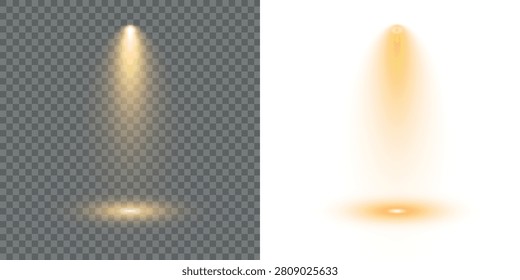Focused spotlights beam down on center stage area. Studio lights form dramatic shadows and spotlight rings. Concert lighting emits strong radiant lines in motion. Projector elements 