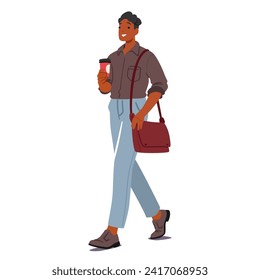 Focused Strides, Coffee In Hand, A Man Navigates The Office Hustle. Determination In His Step, The Aroma Of Coffee Accompanies His Journey Through The Workplace Routine. Cartoon Vector Illustration