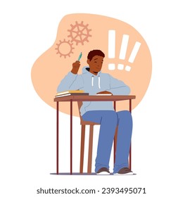 Focused Student Character Sits At A Wooden Desk, Surrounded By Textbooks And Papers, During An Exam. The Atmosphere Is Tense As They Concentrate On Answering Questions Diligently. Vector Illustration