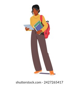 Focused Student Girl, Engrossed In Tablet, Demonstrates Digital Literacy And Modern Learning. Her Determined Gaze Reflects Integration Of Technology Into Education. Cartoon People Vector Illustration