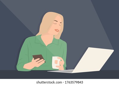Focused student with smartphone and mug listening online courses in dark room, e-learning concept, flat illustration