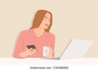 Focused student with smartphone and mug listening online courses, e-learning concept, flat illustration