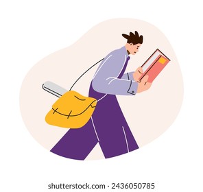 Focused student walking and reading a book, with a yellow backpack. Vector illustration depicts active learning and student life