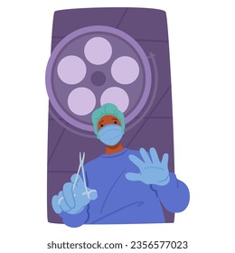 Focused Surgeon Character in Lab Coat Maneuvering with Instruments, Illuminating The Surgical Field, Ensuring Precision And Care In Delicate Procedures View from Beneath. Cartoon Vector Illustration