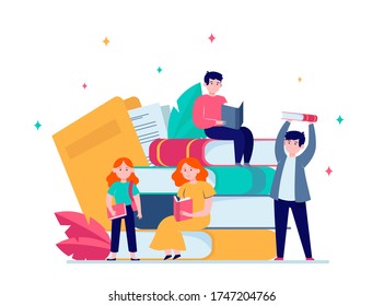 Gente pequeña enfocada a leer libros. Estudiar, historia, biblioteca, ilustración vectorial plana. Concepto de conocimiento y educación para banner, diseño de sitios web o página web de aterrizaje