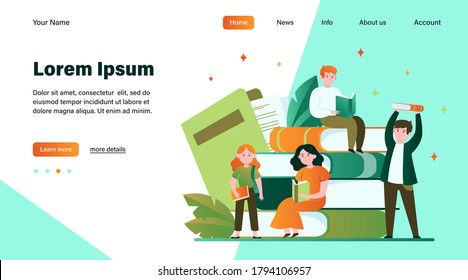 Focused tiny people reading books. Studying, story, library flat vector illustration. Knowledge and education concept for banner, website design or landing web page
