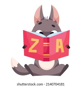Focused wolf reading book cartoon vector illustration. Pretty mammal sitting, holding textbook, learning alphabet and studying. Wildlife animal, predator, education concept