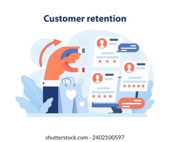 Mujeres enfocadas en el análisis de las evaluaciones de los clientes y las calificaciones para aumentar la retención. Interfaces digitales que muestran perfiles de usuarios y comentarios para una lealtad mejorada. Estrategia empresarial. Ilustración vectorial plana.