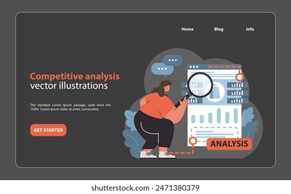 Focused woman conducting competitive analysis. Expert dives deep into data, seeking insights for impactful market penetration. Comprehensive review of rival strategies. Flat vector illustration