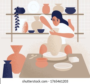 Focused woman making pot on potter's wheel vector flat illustration. Ceramist female at pottery workshop or courses. Girl create earthenware, crockery and other ceramics. Artist during handicraft