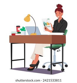 Focused Woman At Office Desk, Diligently Work with Charts, Surrounded By Papers And Devices, Character Illustrating Dedication And Professionalism In Her Work Environment. Cartoon Vector Illustration