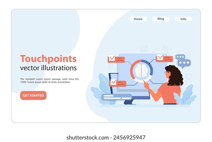 Focused woman pinpoints critical customer touchpoints on a digital screen, optimizing user experience and journey pathways. Enhancing engagement strategies. Flat vector illustration.