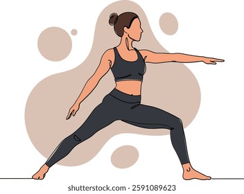 A focused woman stands in a warrior pose, showcasing strength and balance against an abstract background, embodying tranquility and determination.