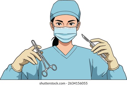 Focused Woman Surgical Mask Holding Scissors Medical Professional Surgery Preparation