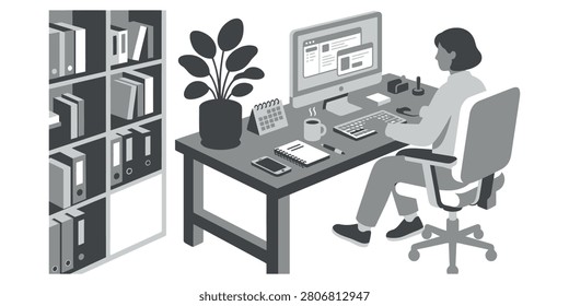 A focused woman working at a desk with a computer, books, and plant