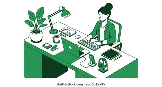 A focused woman working on a computer at a desk surrounded by plants and office supplies.