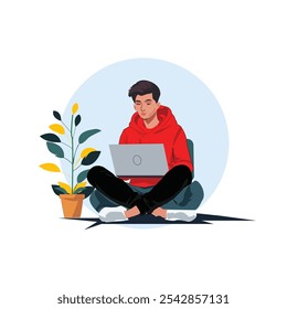 Focused Worker in red Hoodie Using Laptop in Simple Office Millennial Man Working Remotely on Laptop in Casual Setting.