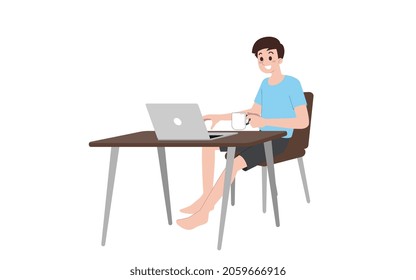 Focused young business man using a laptop, typing on keyboard, writing e-mail or message, chatting, shopping, successful freelancer working online on a computer, isolated on white background.
