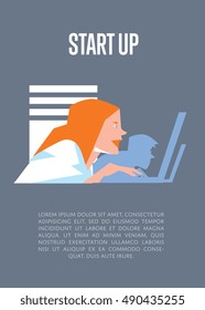 Focused young business people using laptops in office. Business start up banner, vector illustration on gray background. Teamwork concept. Creative team working on new project.