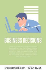 Focused young business people using laptops in office. Business decisions banner, vector illustration on green background. Teamwork concept. Office life. Creative team working on new project.