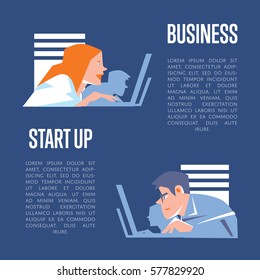 Focused young business people using laptops in office. Business start up banner, isolated vector illustration on blue background. Well organized work process. Teamwork concept. Startup realization