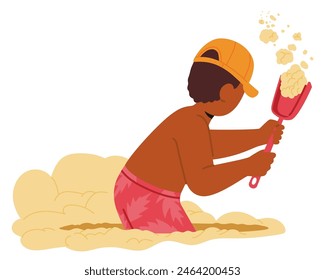 Niño Enfocado En Un Gorro Y Versiones cortas De Baño Construye Un Castillo De Arena En Una Playa, Paleando Diligentemente La Arena. La Imagen De Vector Capta La Esencia De Los Momentos De Verano De La Infancia, El Juego Y La Creatividad Junto Al Mar