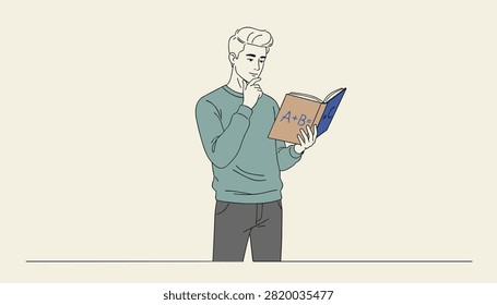 Focused young man holding a math textbook looks thoughtful while studying algebra equations intently.