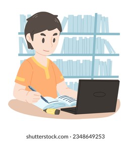 Focused young man studying online with laptop in library. Smart student take note while learning remotely. Preparing for class or exams. flat vector illustration isolated on white background.