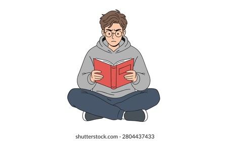 Focused young man wearing glasses and a grey hoodie sits cross-legged on the floor while reading a red book in a studious and calm manner.