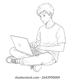 A focused young person operating a modern laptop device. The sketch depicts a casual individual sitting and typing on a laptop, with detailed lines highlighting the device and posture