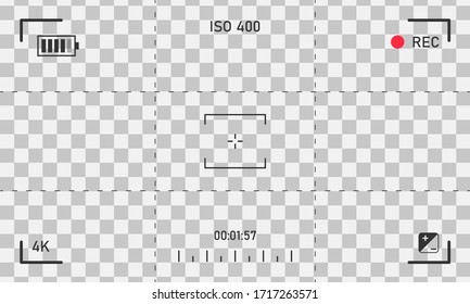 Focusing the camera screen, Camcorder viewfinder set, Screen focus zoom, battery status, video quality, image stabilization, Visual focus of the screen, vector illustration, eps 10. 