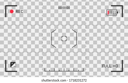 Focusing the camera screen, Camcorder viewfinder set, Screen focus zoom, battery status, video quality, image stabilization, Visual focus of the screen, vector illustration, eps 10. 