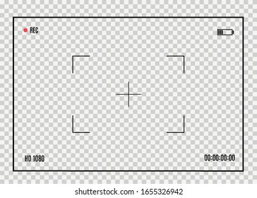 Focusing the camera screen. Viewfinder with digital focus and camera exposure settings. Screen focus zoom, battery status, video quality, image stabilization. Vector illustration, EPS 10.