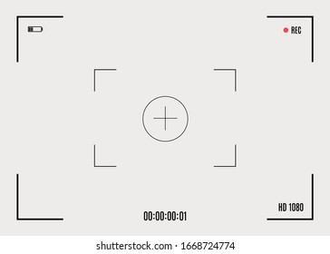 Focusing the camera screen. Viewfinder with digital focus and camera exposure settings. Screen focus zoom, battery status, video quality, image stabilization. Vector illustration, EPS 10.