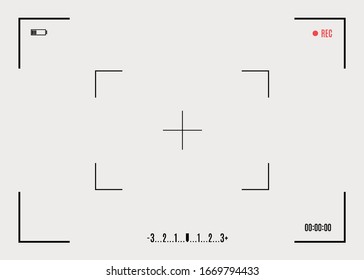 Focusing the camera screen. Viewfinder with digital focus and camera exposure settings. Screen focus zoom, battery status, video quality, image stabilization. Vector illustration, EPS 10.