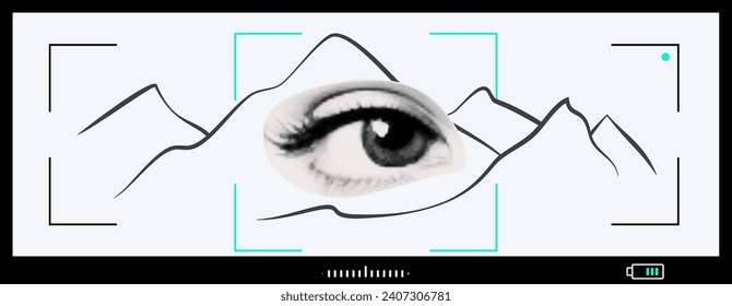Enfocando el ojo, ajustando la escala en el fondo de las montañas. Visor, foco de cámara, collage a medio tono, arte, fotograma, captura de cámara, grabación de vídeo, visión general. Vector.