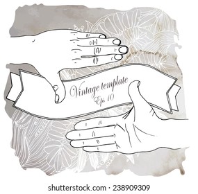 Focusing hands with floral background. Watercolor texture. Vector template
