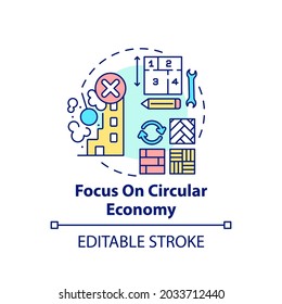 Centrarse en el icono del concepto de economía circular. Ilustración en línea delgada de la idea del diseño de oficinas futuras. Enfoque eficiente en materia de recursos. Dibujo de color RGB con contorno aislado del vector. Trazo editable