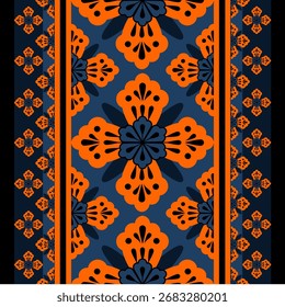 Focusing on the key visual elements and style: Vibrant seamless vector border with a bold geometric floral pattern in a striking navy blue and bright orange color palette. Perfect for textiles